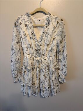 Pookie & Sebastian Ruffle White and Blue Floral Long Sleeve Tiered Mini Dress